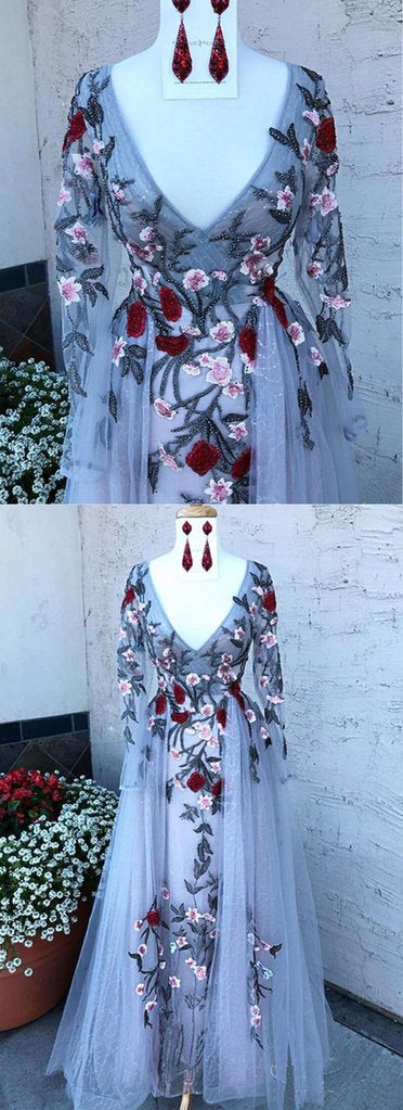 Tulle Long Sleeve Modest Embroidery Lace Long Formal Prom Dress, BH91219