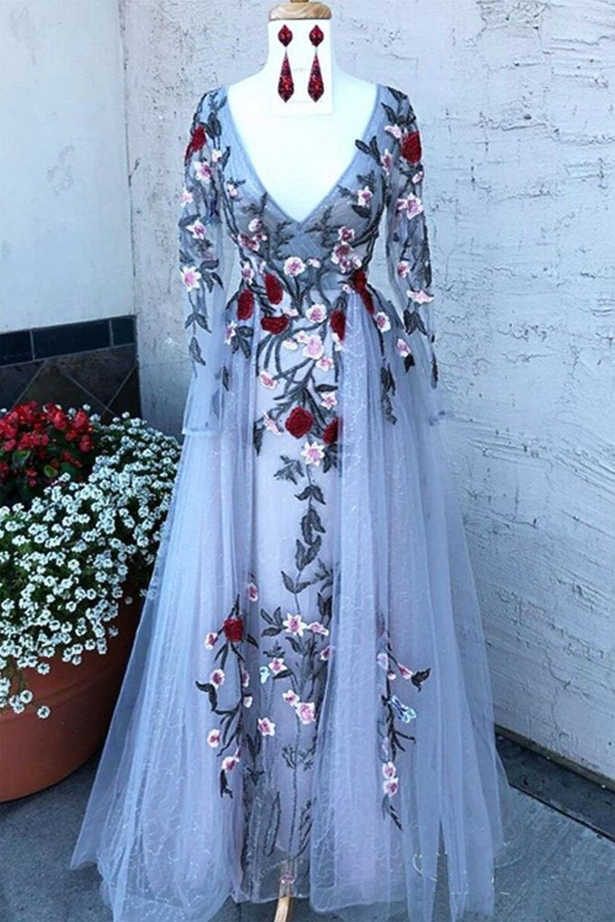 Tulle Long Sleeve Modest Embroidery Lace Long Formal Prom Dress, BH91219
