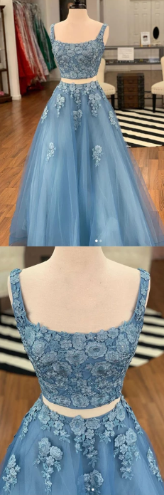 two pieces blue tulle with appliques long prom dress, HO235