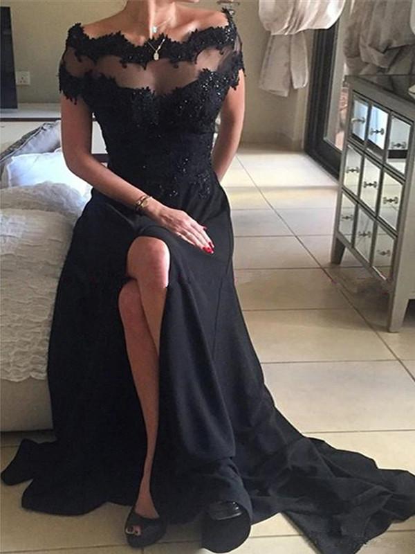 Black prom dress, Lace Off-the-shoulder Scoop Long Prom Dress Evening Dresses,PD4558724
