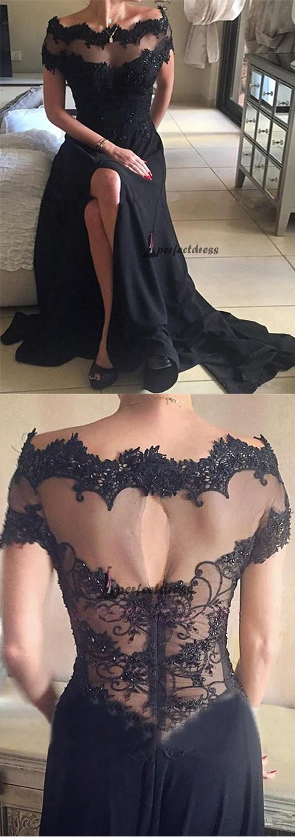 Black prom dress, Lace Off-the-shoulder Scoop Long Prom Dress Evening Dresses,PD4558724