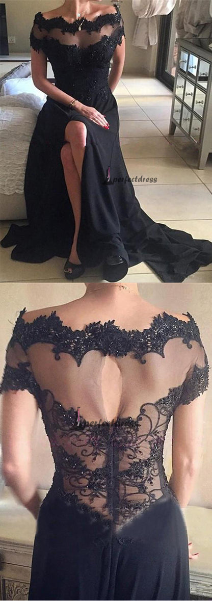 Black prom dress, Lace Off-the-shoulder Scoop Long Prom Dress Evening Dresses,PD4558724
