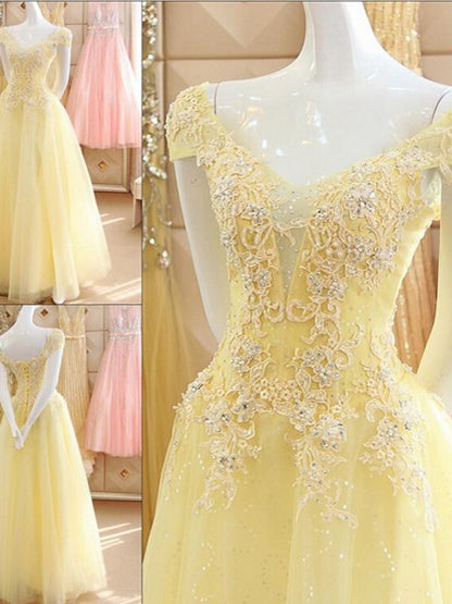 Prom dresses A-line Off-the-shoulder Floor-length Tulle Prom Dress,PD4558983