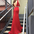 Mermaid Long Prom Dresses,Red Prom Dress with Deep V Back Formal Evening Dresses,PD4558990