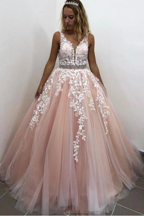 tulle with appliques long A-line prom dress, HO248