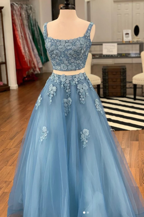 two pieces blue tulle with appliques long prom dress, HO235