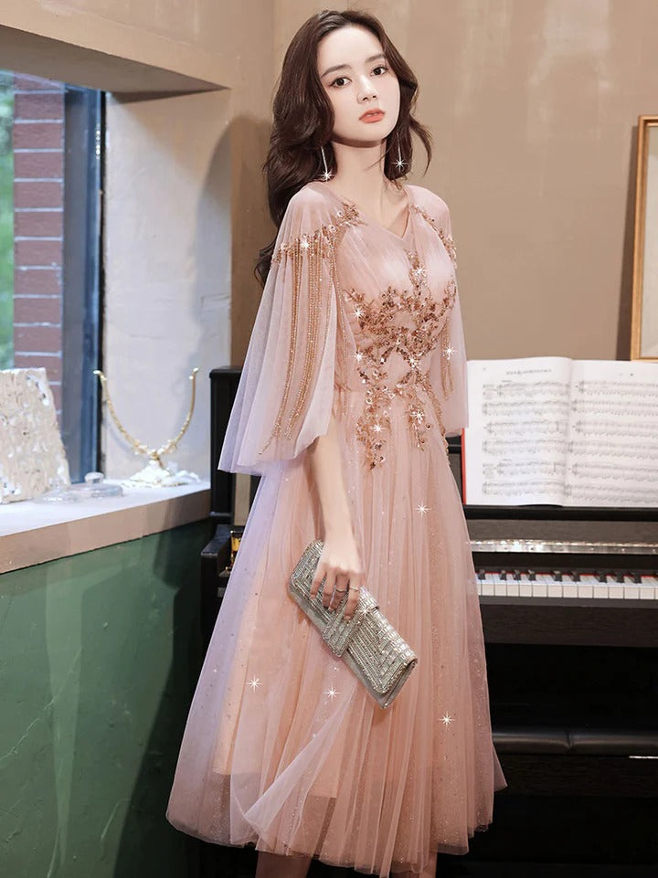 A line pink tulle beads short prom dress pink formal evening dress,BD22250