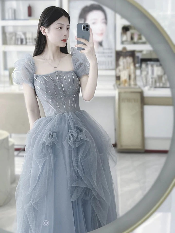 Gray blue tulle long prom dress gray blue tulle formal dress,BD22225