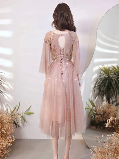 A line pink tulle beads short prom dress pink formal evening dress,BD22250