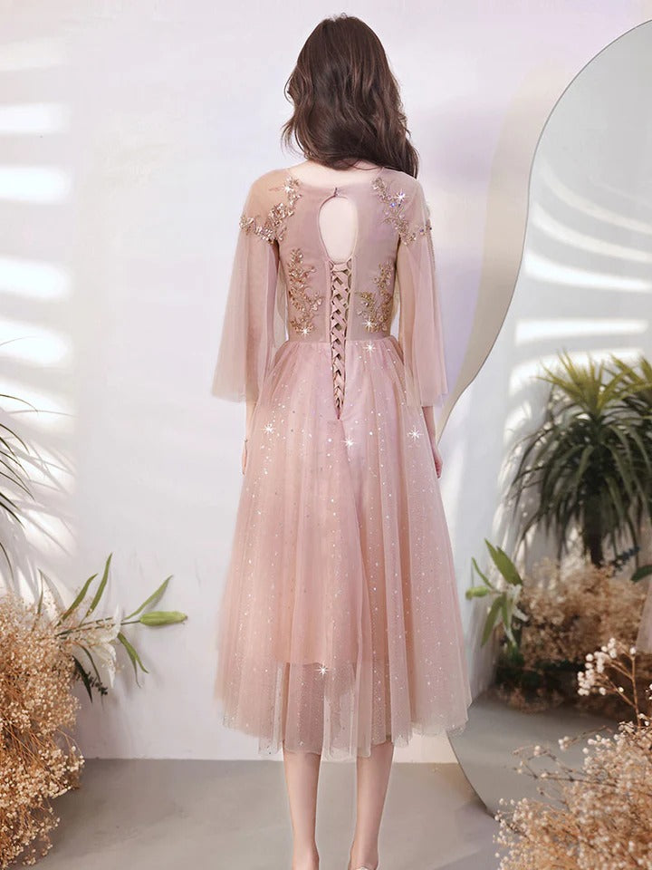 A line pink tulle beads short prom dress pink formal evening dress,BD22250