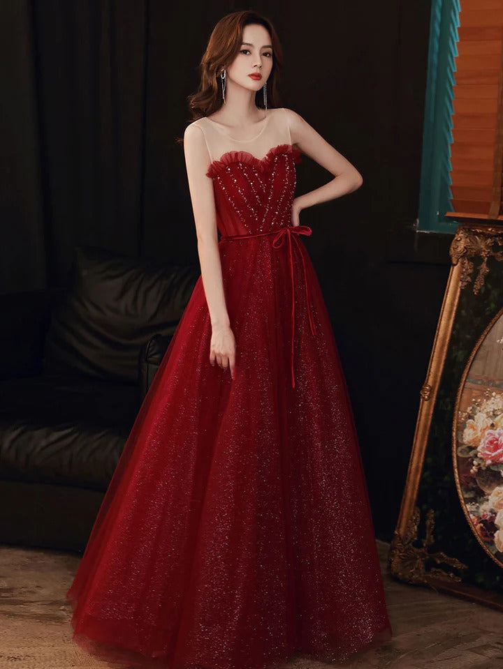 A line round neck tulle sequin burgundy prom dress, burgundy evening dress,BD22243