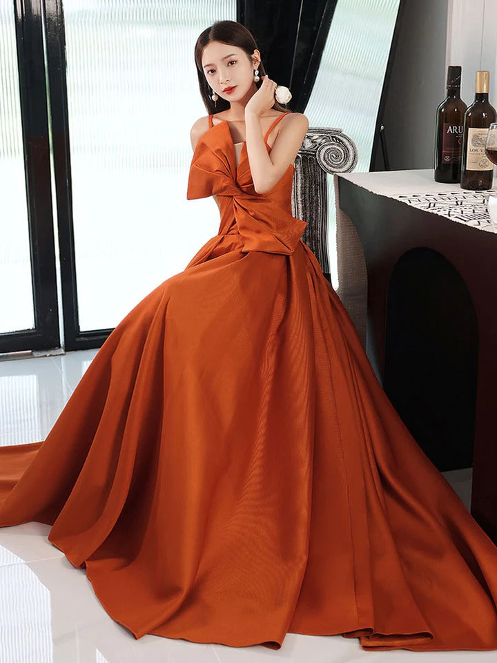 Simple A line satin orange long prom dress, orange evening dress,BD22247