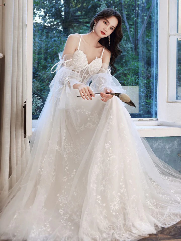 White A line lace tulle long prom dress white lace bridesmaid dress,BD22235