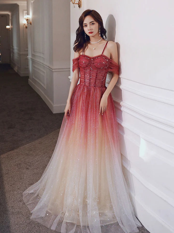 Burgundy A line tulle sequin long prom dress, burgundy evening dress,BD22245