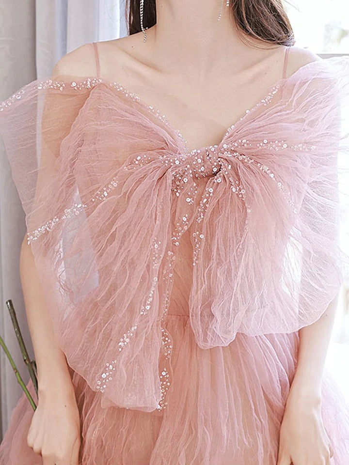 Pink tulle long prom dress pink tulle sequin long evening dress,BD22240