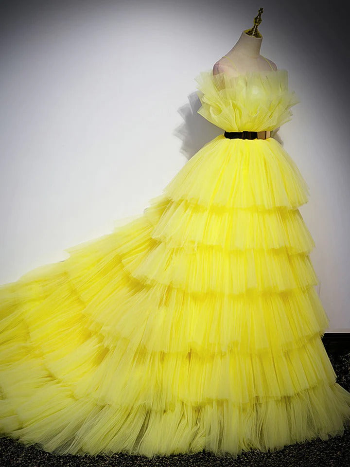 Yellow tulle long prom dress, yellow tulle formal evening dress,BD22239