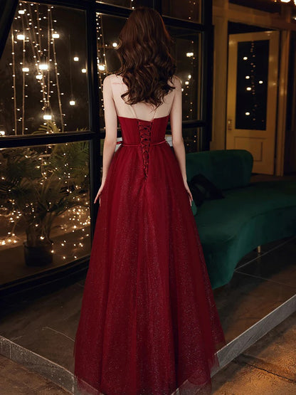 A line round neck tulle sequin burgundy prom dress, burgundy evening dress,BD22243