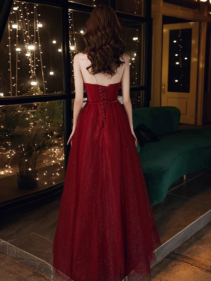 A line round neck tulle sequin burgundy prom dress, burgundy evening dress,BD22243