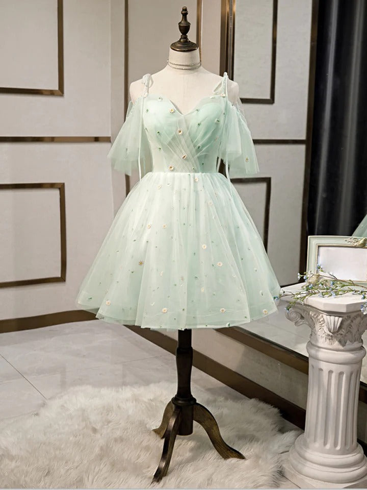 Green sweetheart neck tulle short prom dress, green homecoming dress,BD22248
