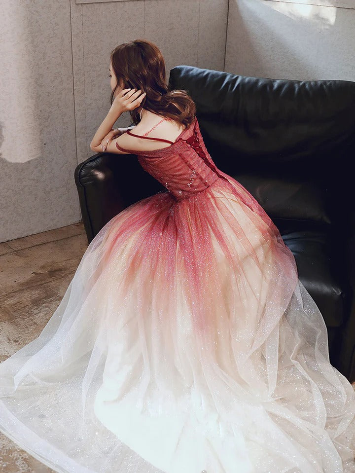 Burgundy A line tulle sequin long prom dress, burgundy evening dress,BD22245