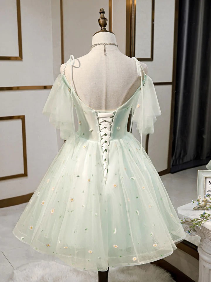 Green sweetheart neck tulle short prom dress, green homecoming dress,BD22248