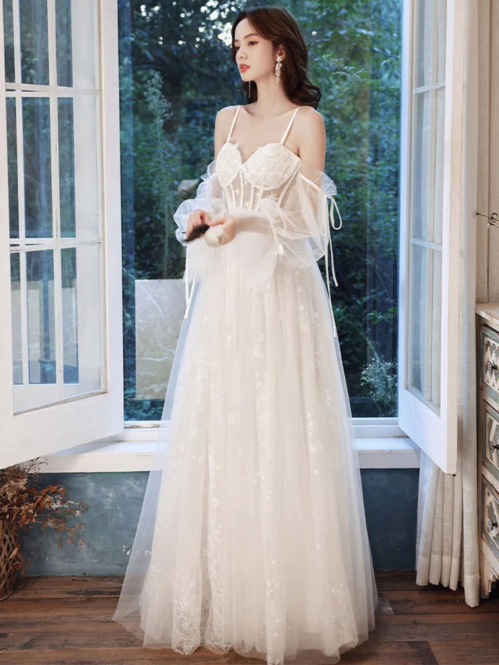 White A line lace tulle long prom dress white lace bridesmaid dress,BD22235