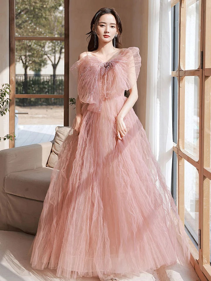 Pink tulle long prom dress pink tulle sequin long evening dress,BD22240