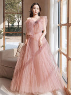 Pink tulle long prom dress pink tulle sequin long evening dress,BD22240