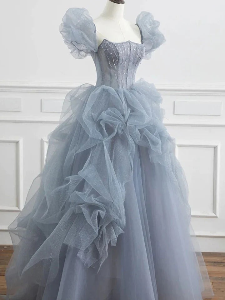 Gray blue tulle long prom dress gray blue tulle formal dress,BD22225