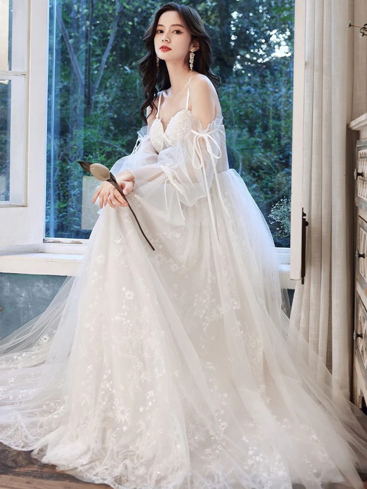 White A line lace tulle long prom dress white lace bridesmaid dress,BD22235