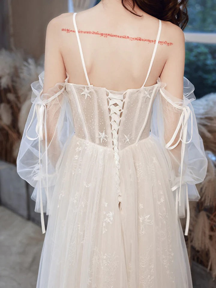 White A line lace tulle long prom dress white lace bridesmaid dress,BD22235