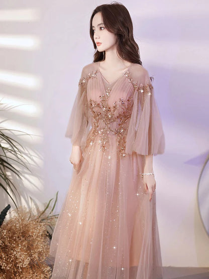 A line pink tulle beads short prom dress pink formal evening dress,BD22250