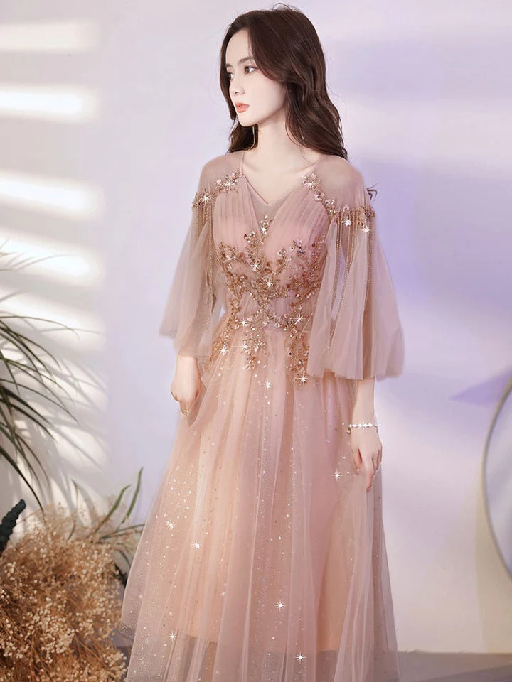 A line pink tulle beads short prom dress pink formal evening dress,BD22250