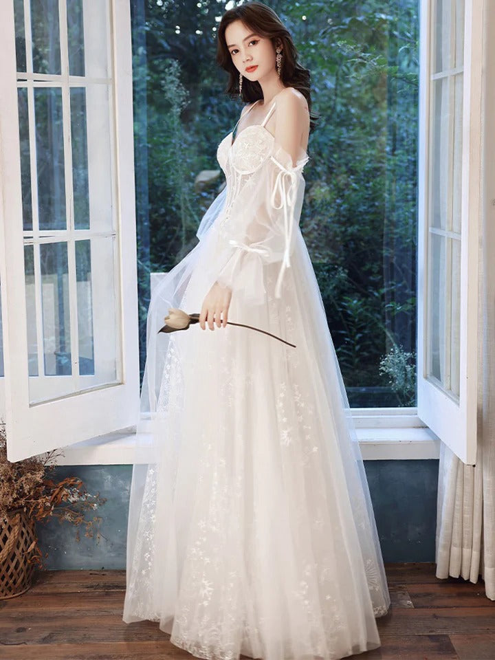 White A line lace tulle long prom dress white lace bridesmaid dress,BD22235