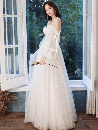 White A line lace tulle long prom dress white lace bridesmaid dress,BD22235