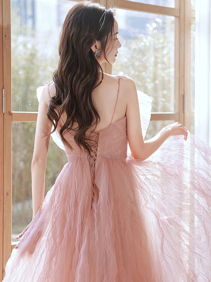 Pink tulle long prom dress pink tulle sequin long evening dress,BD22240
