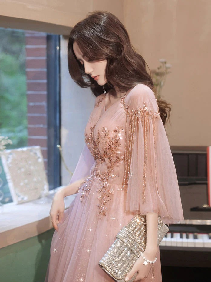 A line pink tulle beads short prom dress pink formal evening dress,BD22250