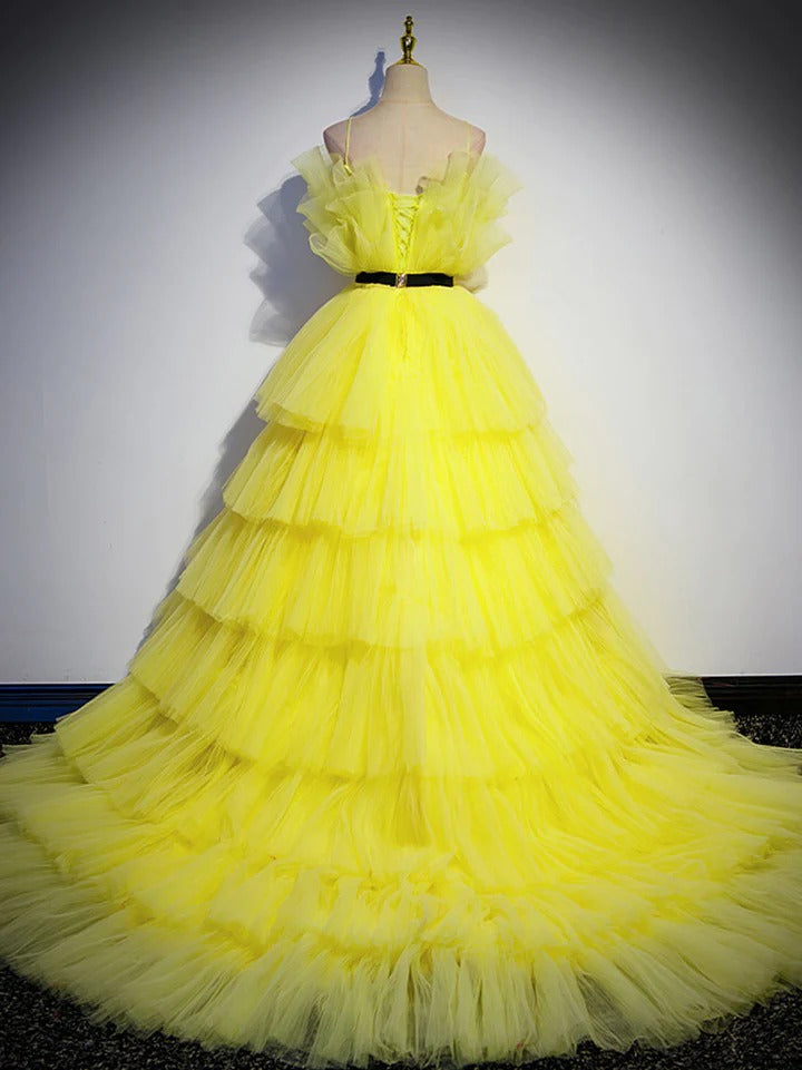 Yellow tulle long prom dress, yellow tulle formal evening dress,BD22239
