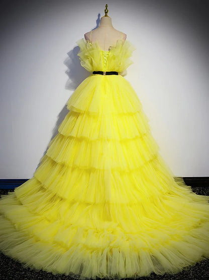 Yellow tulle long prom dress, yellow tulle formal evening dress,BD22239