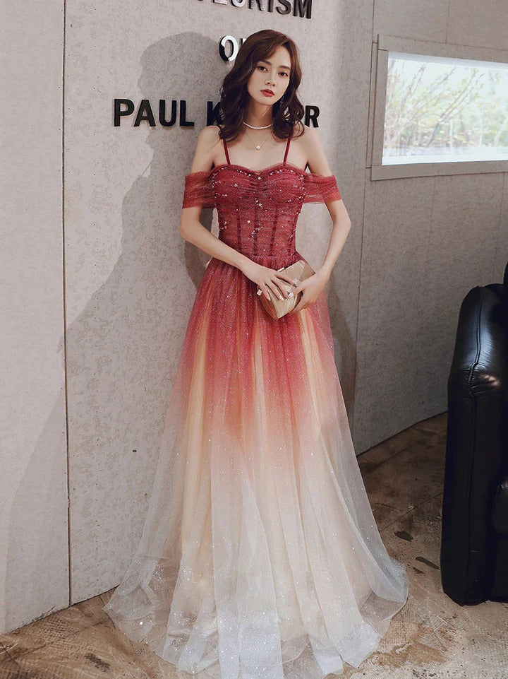 Burgundy A line tulle sequin long prom dress, burgundy evening dress,BD22245