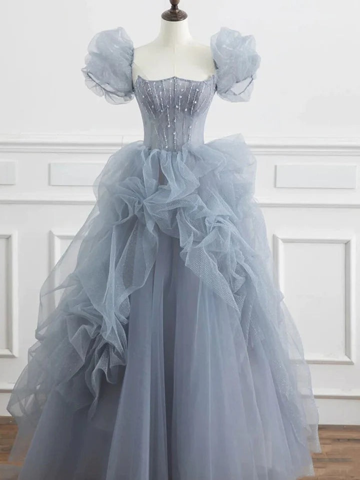 Gray blue tulle long prom dress gray blue tulle formal dress,BD22225