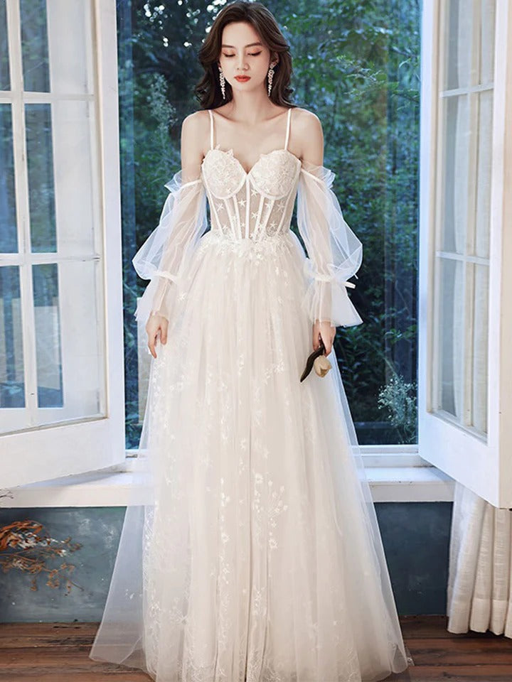 White A line lace tulle long prom dress white lace bridesmaid dress,BD22235