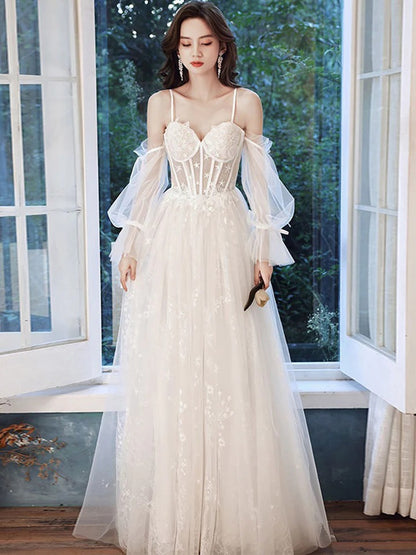 White A line lace tulle long prom dress white lace bridesmaid dress,BD22235