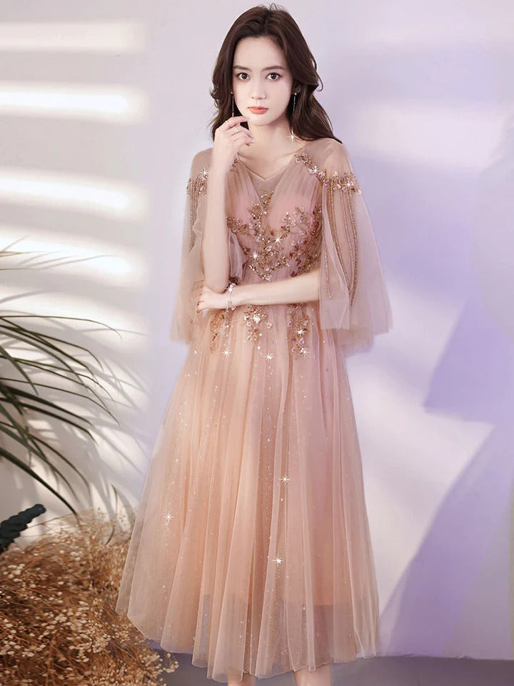 A line pink tulle beads short prom dress pink formal evening dress,BD22250