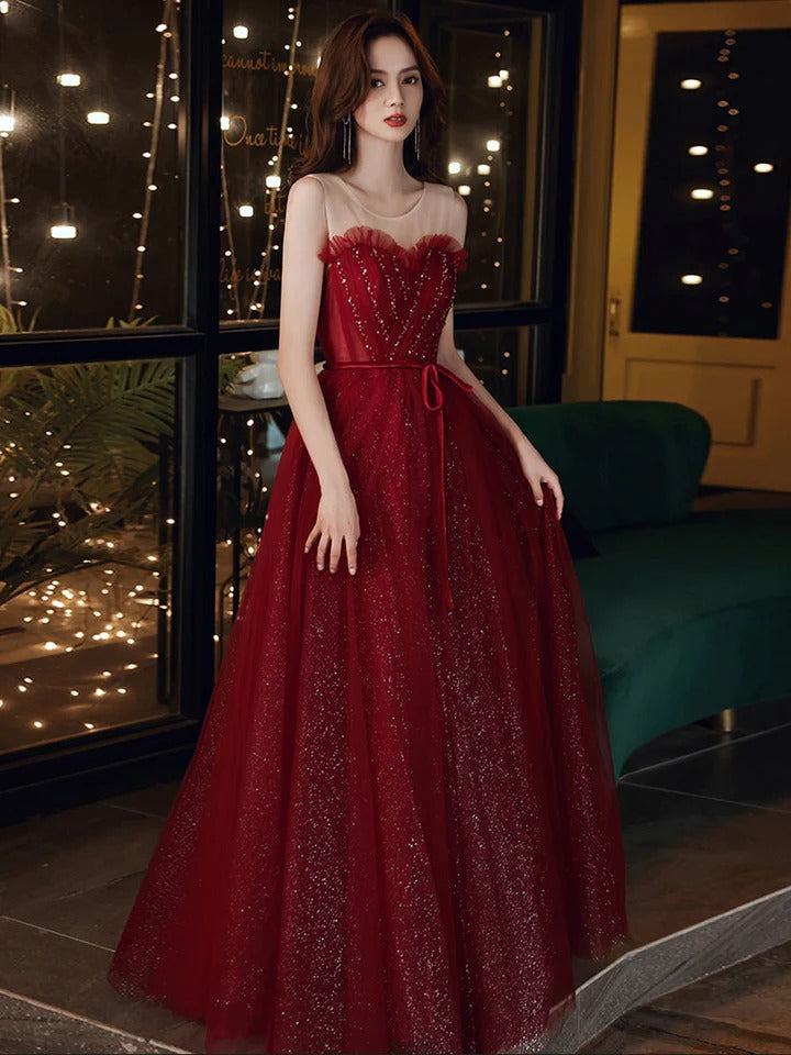 A line round neck tulle sequin burgundy prom dress, burgundy evening dress,BD22243