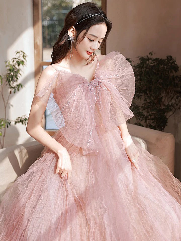 Pink tulle long prom dress pink tulle sequin long evening dress,BD22240
