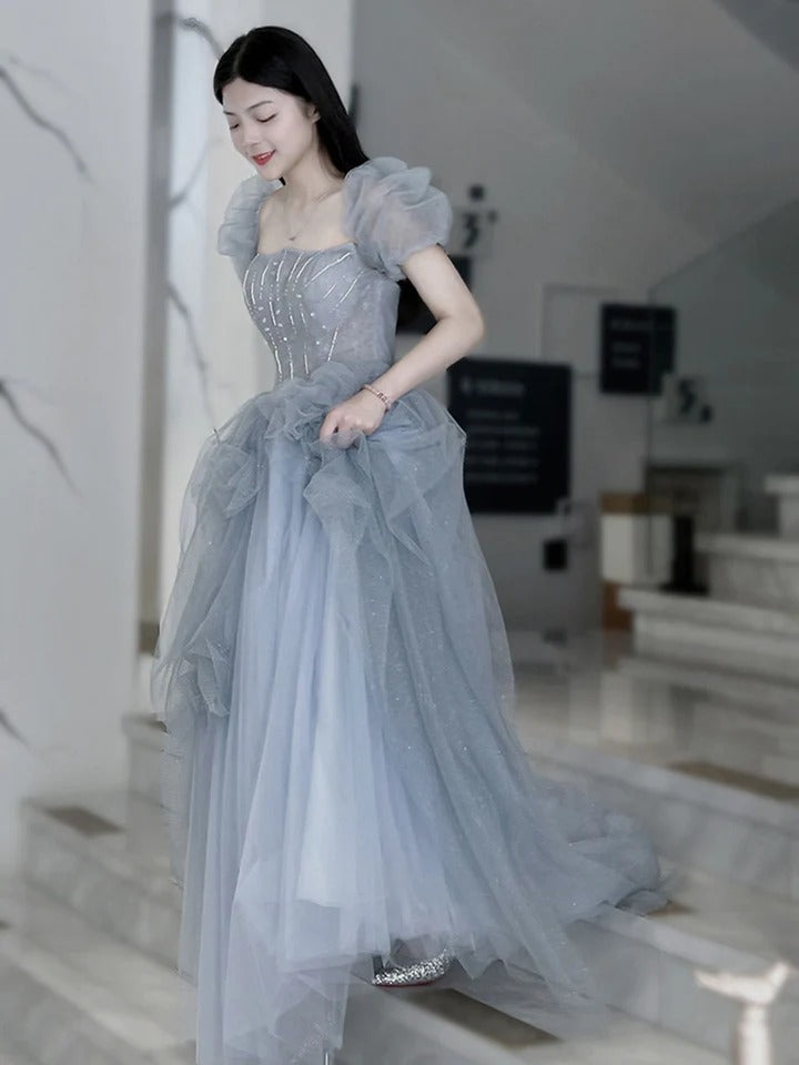 Gray blue tulle long prom dress gray blue tulle formal dress,BD22225