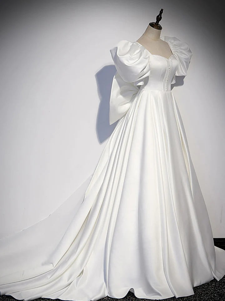 White satin long prom dress white satin long evening dress,BD22238