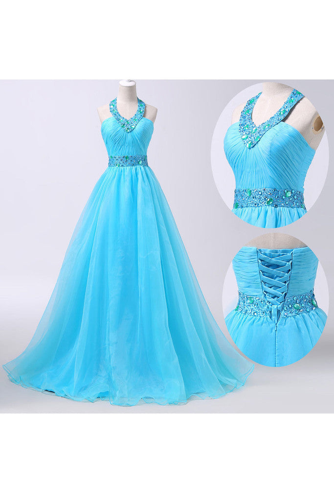 blue Prom Dresses,charming prom dress,long prom Dress,lace up prom dress,halter prom dress,BD0399