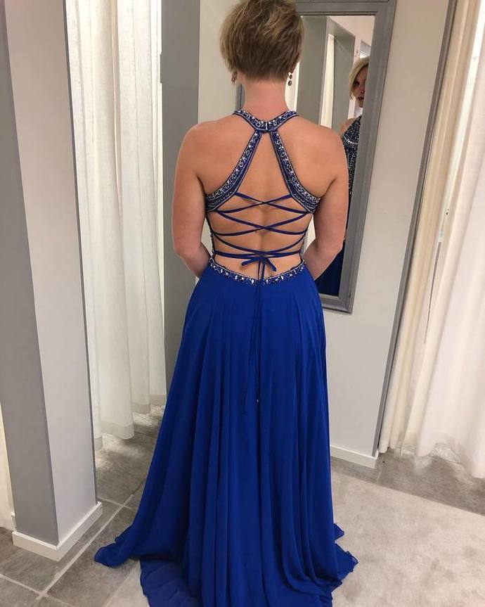 Open Back A Line Prom Dress with Crystal and Beading, Blue Long Evening Gowns, BH91202